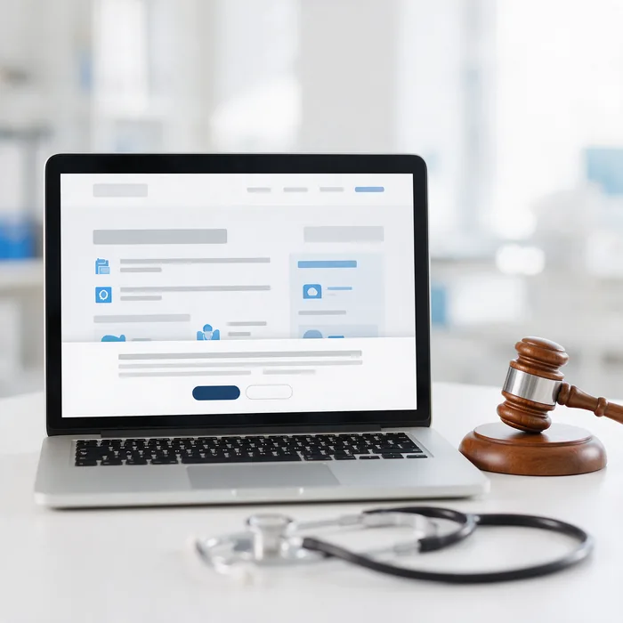 Laptop showing a healthcare website cookie consent banner beside a legal notice